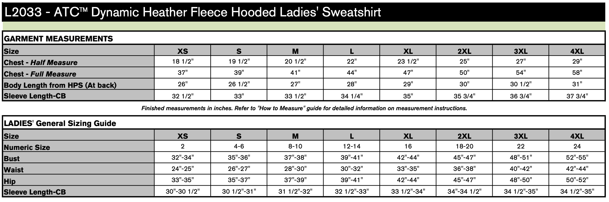Ladies' Sizing Chart