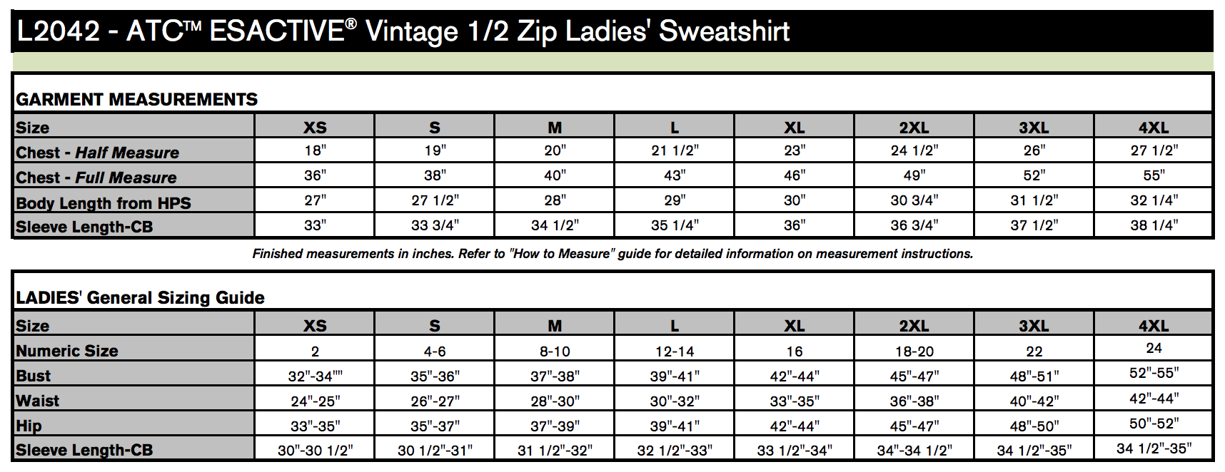 Ladies' Sizing Chart
