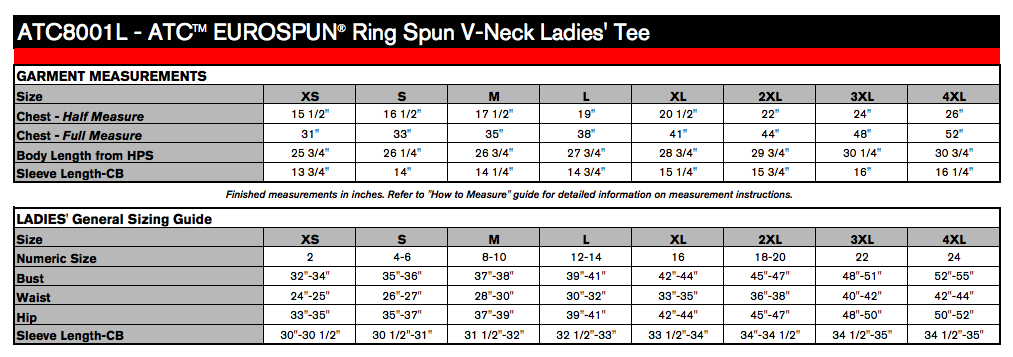 Ladies' Sizing Chart