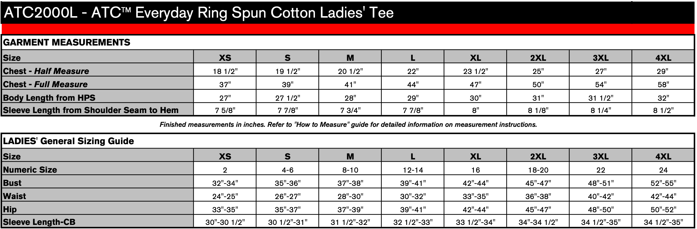Ladies' Sizing Chart