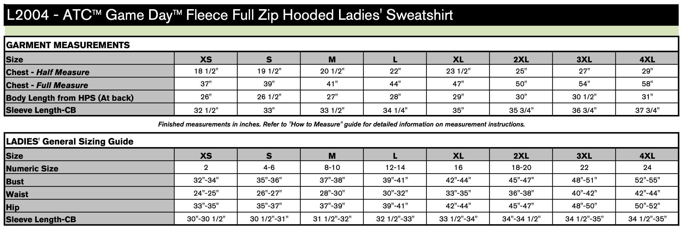 Ladies' Sizing Chart