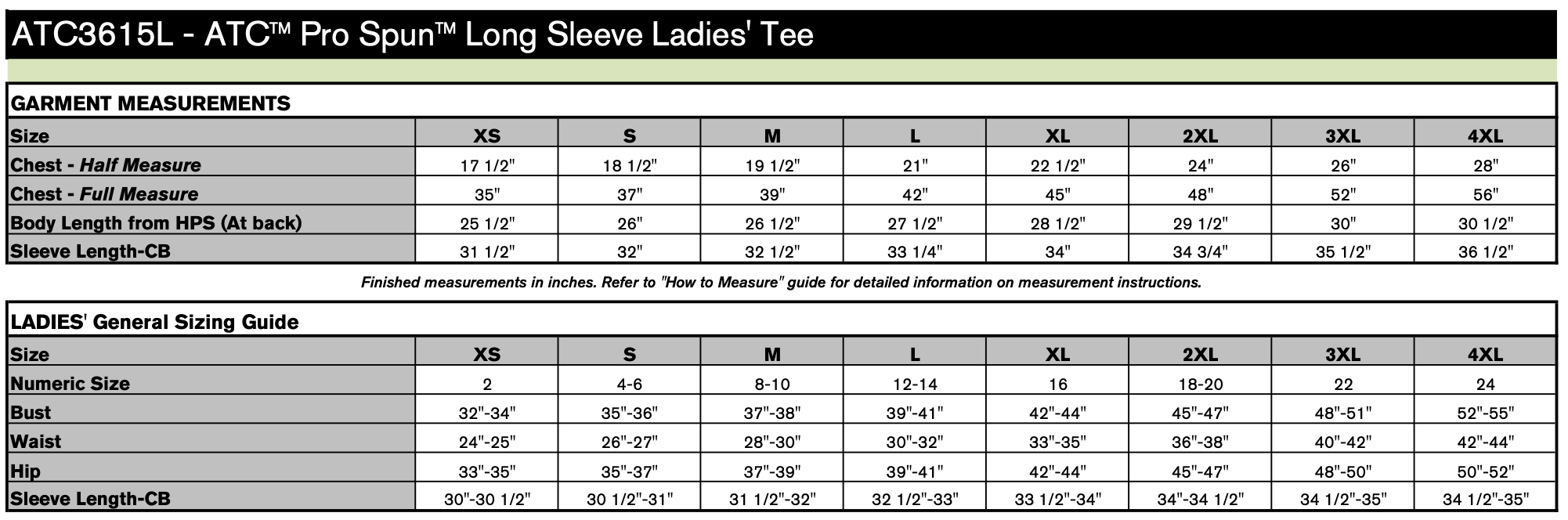 Ladies' Sizing Chart