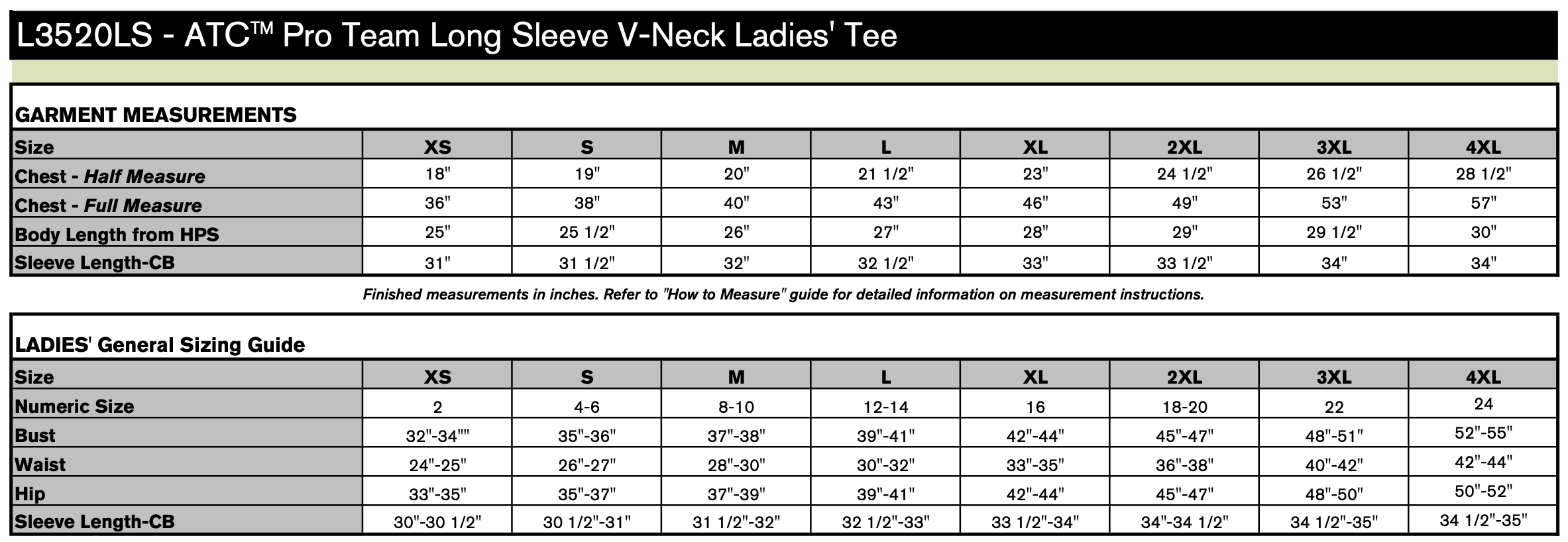 Ladies' Sizing Chart