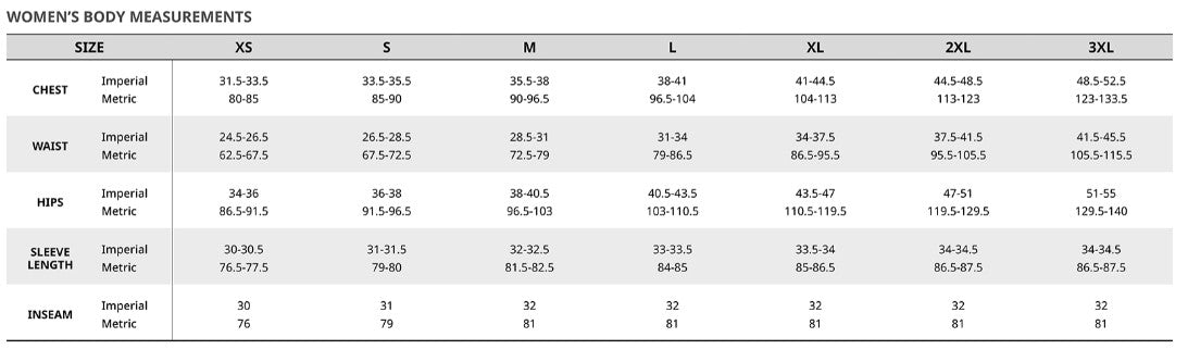 Ladies' Sizing Chart