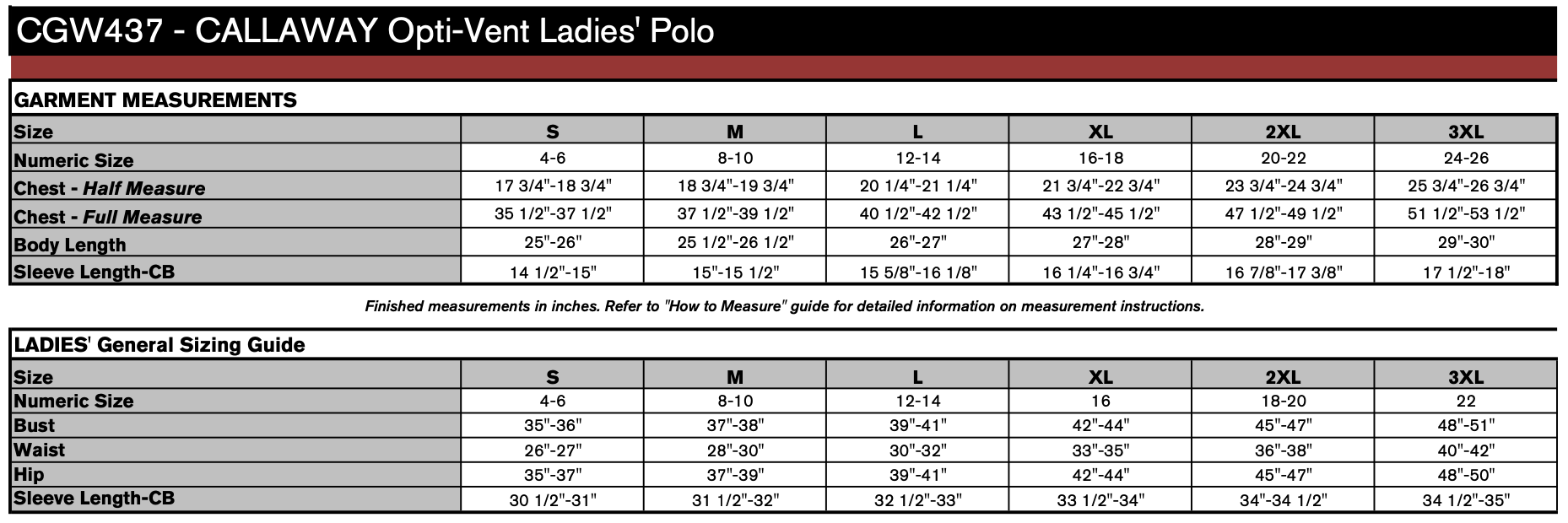 Ladies' Sizing Chart