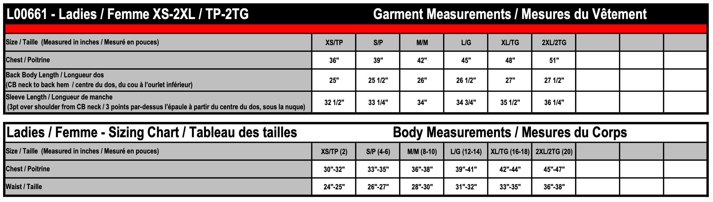 Ladies' Sizing Chart