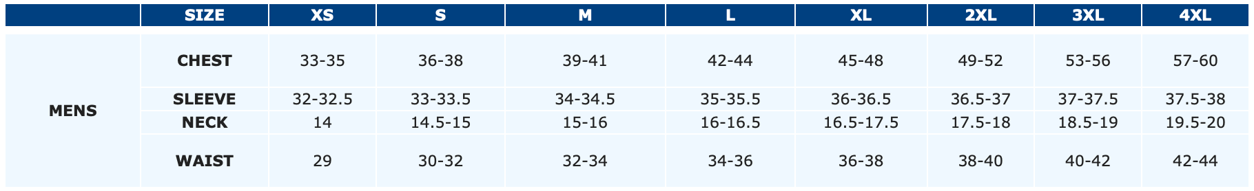 Unisex Sizing Chart