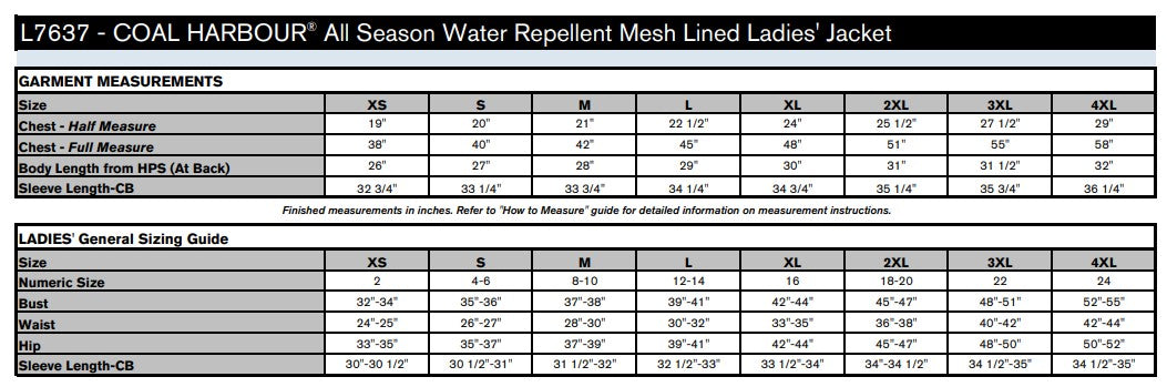 Ladies' Sizing Chart