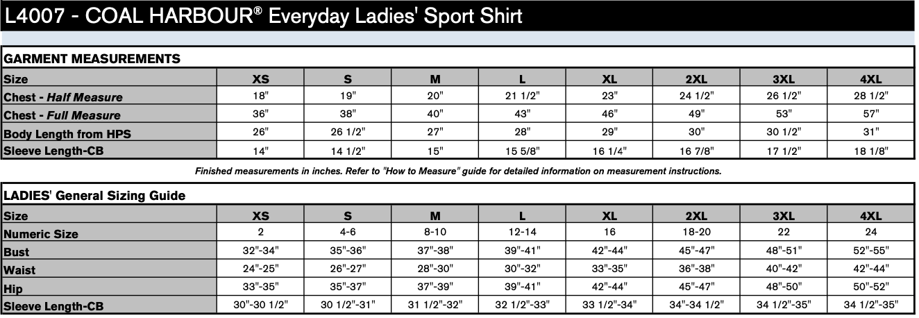 Ladies' Sizing Chart