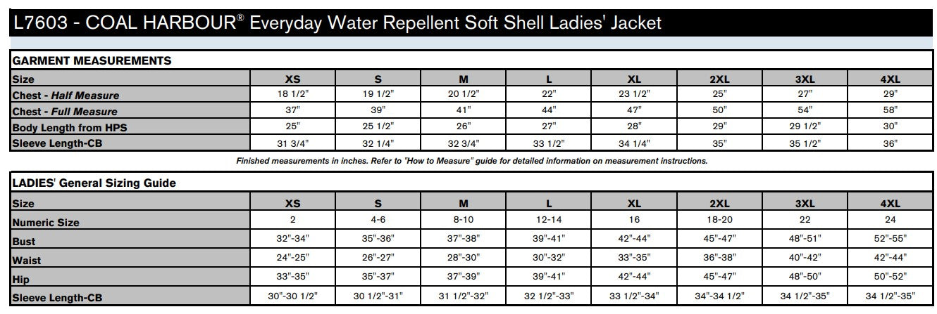 Ladies' Sizing Chart