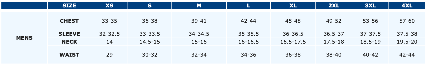 Unisex Sizing Chart