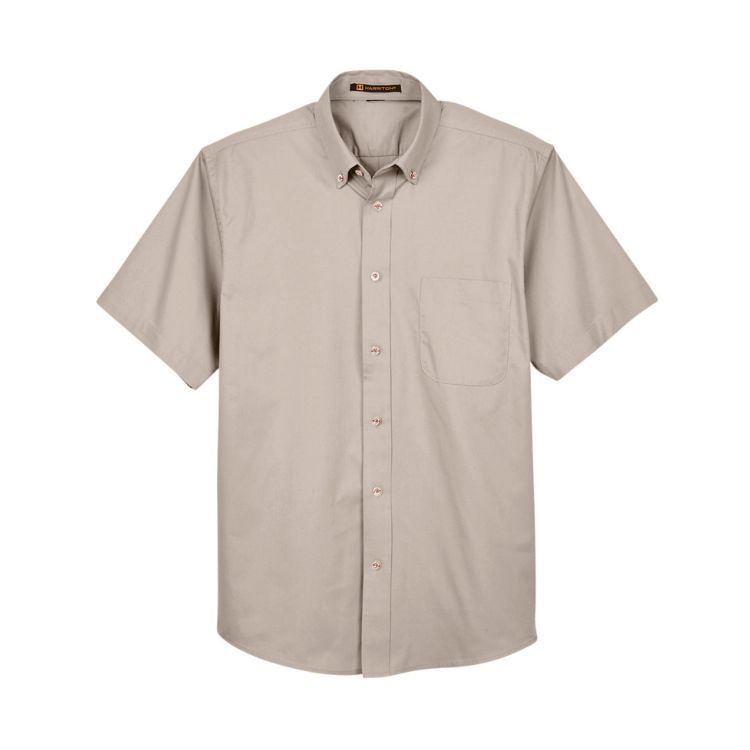 HARRITON MEN'S EASY BLEND SHORT-SLEEVE TWILL SHIRT WITH STAIN RELEASE