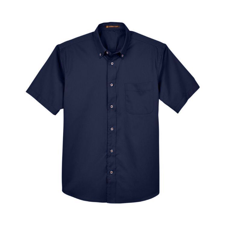 HARRITON MEN'S EASY BLEND SHORT-SLEEVE TWILL SHIRT WITH STAIN RELEASE