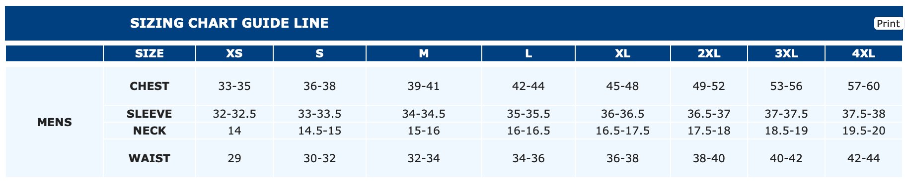 Men's Sizing Chart
