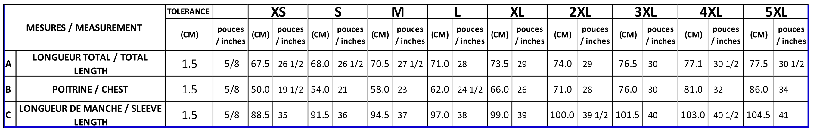 Unisex Sizing Chart