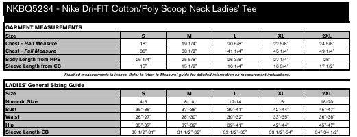 Ladies' Sizing Chart