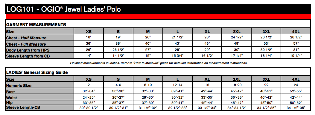 Ladies' Sizing Chart
