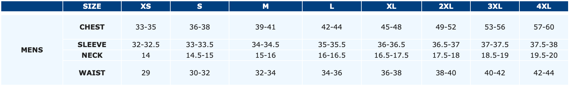Unisex Sizing Chart