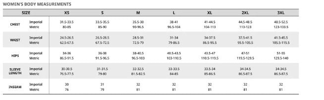 Ladies' Sizing Chart