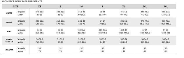 Ladies' Sizing Chart