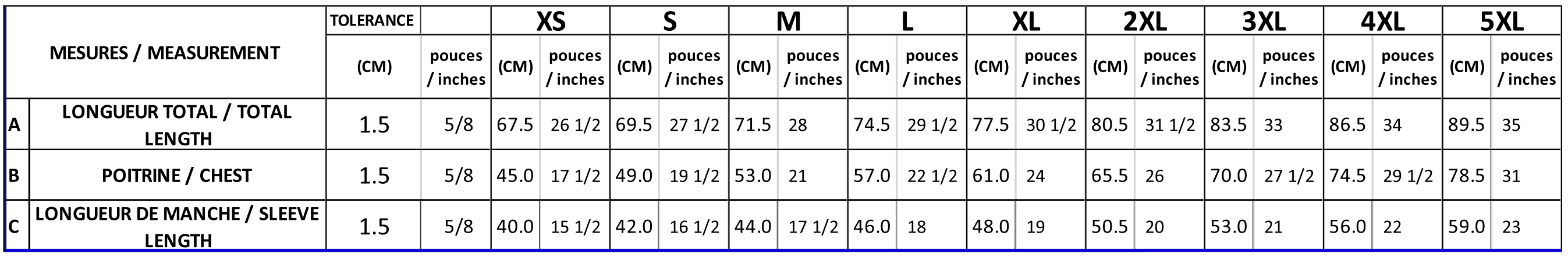 Unisex Sizing Chart