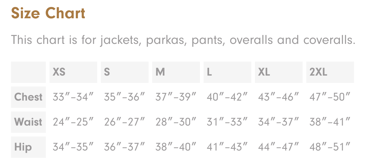 Ladies' Sizing Chart
