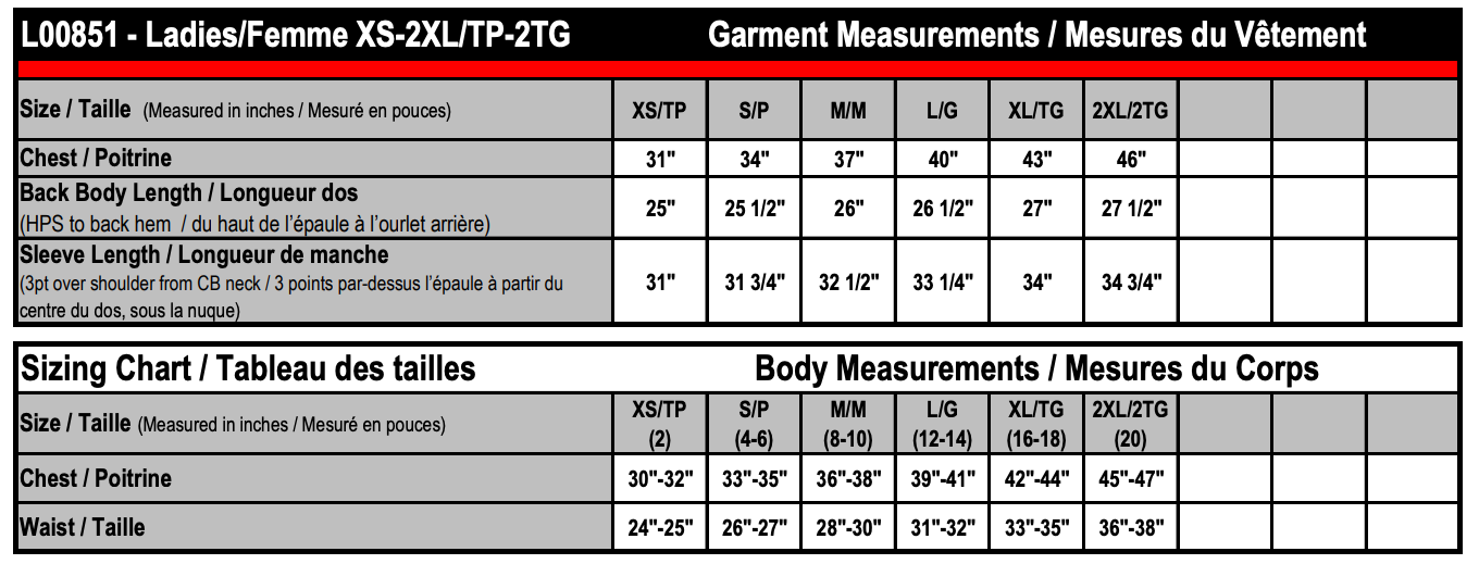 Ladies' Sizing Chart