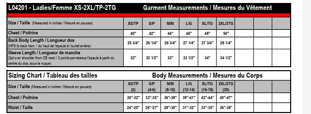 Ladies' Sizing Chart