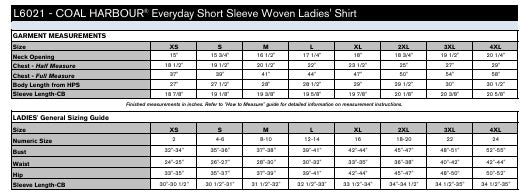 Ladies' Sizing Chart